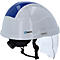 Casque de sécurité blanc avec bande bleue, visière et jugulaire. "eSHARK" est écrit dessus.